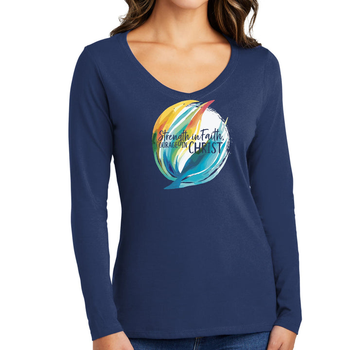 Womens Long Sleeve V-neck Graphic T-shirt - Strength in Faith - Courage