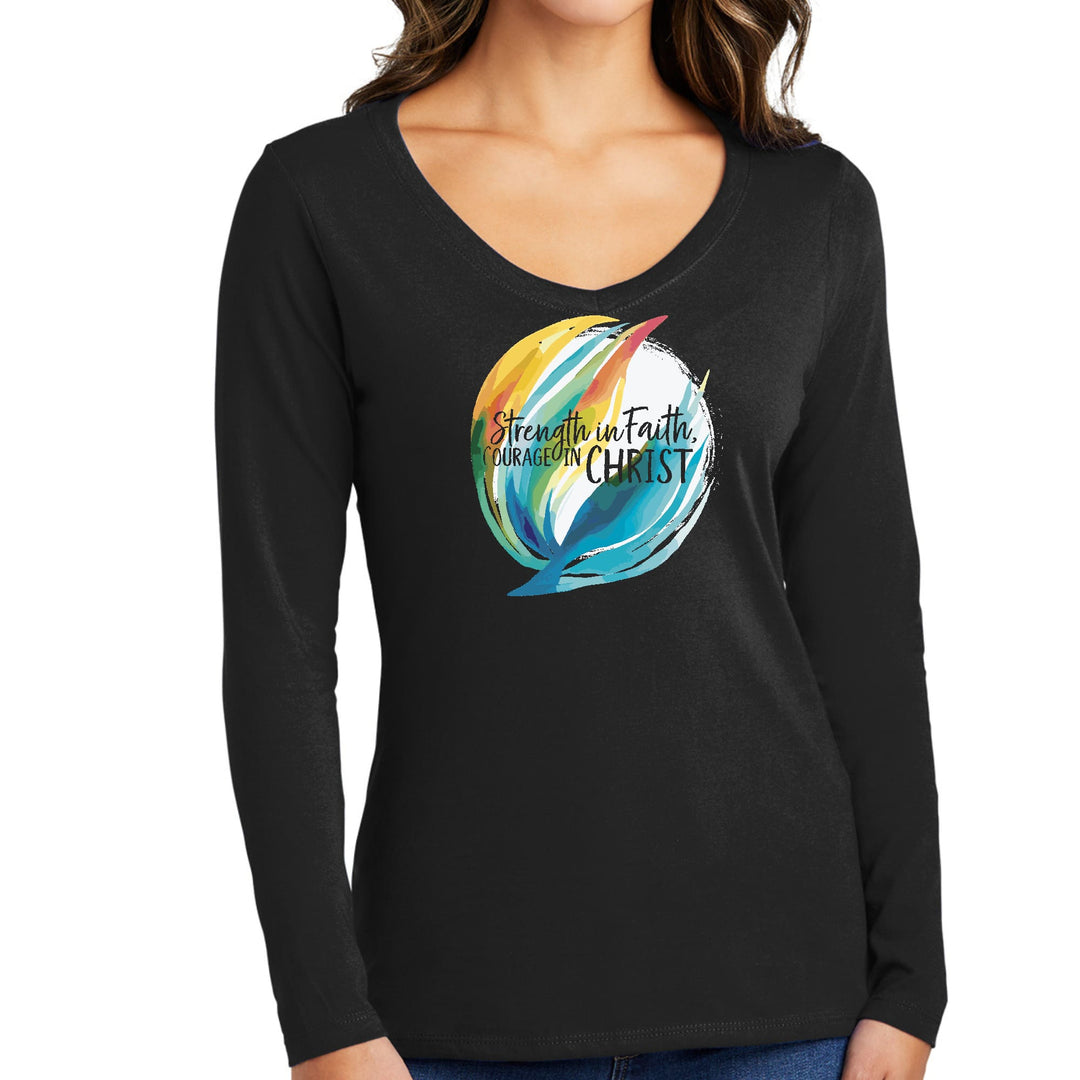 Womens Long Sleeve V-neck Graphic T-shirt - Strength in Faith - Courage