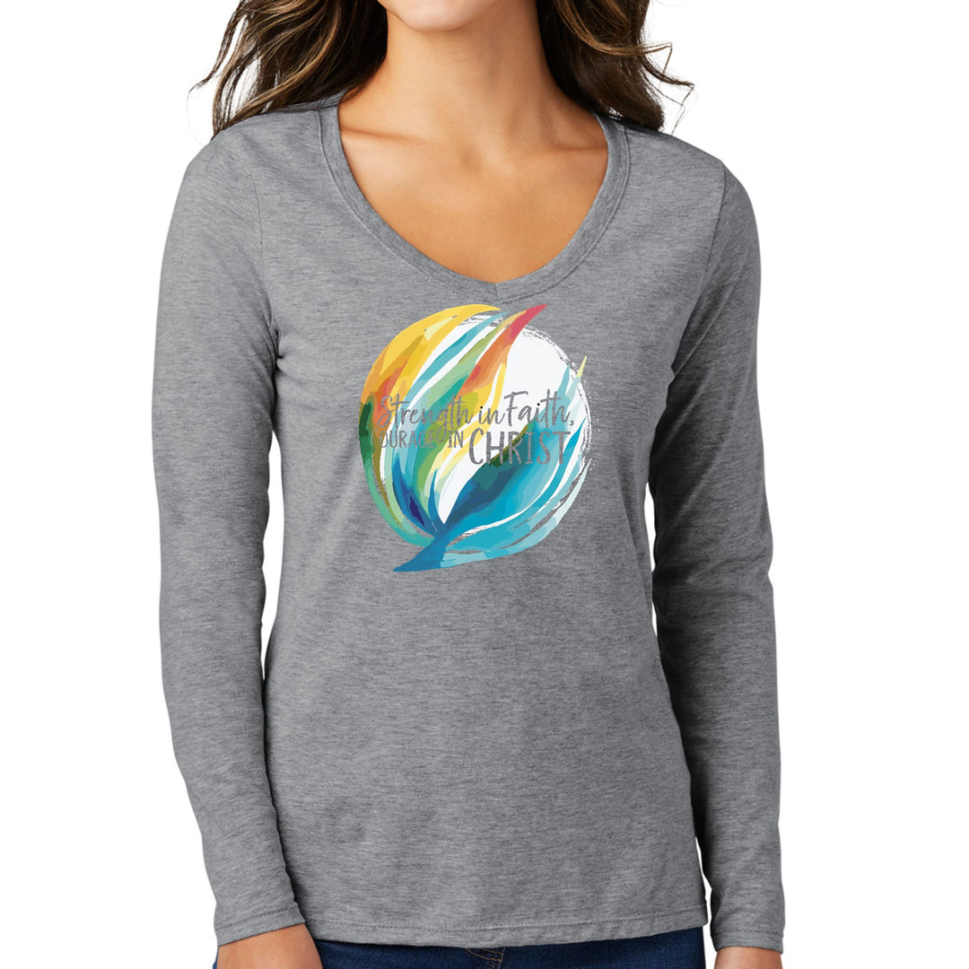 Womens Long Sleeve V-neck Graphic T-shirt - Strength in Faith - Courage