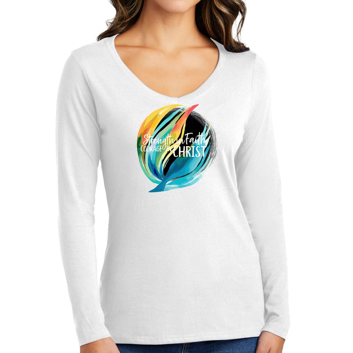 Womens Long Sleeve V-neck Graphic T-shirt Strength in Faith Courage - Womens