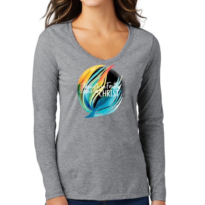 Womens Long Sleeve V-neck Graphic T-shirt Strength in Faith Courage - Womens