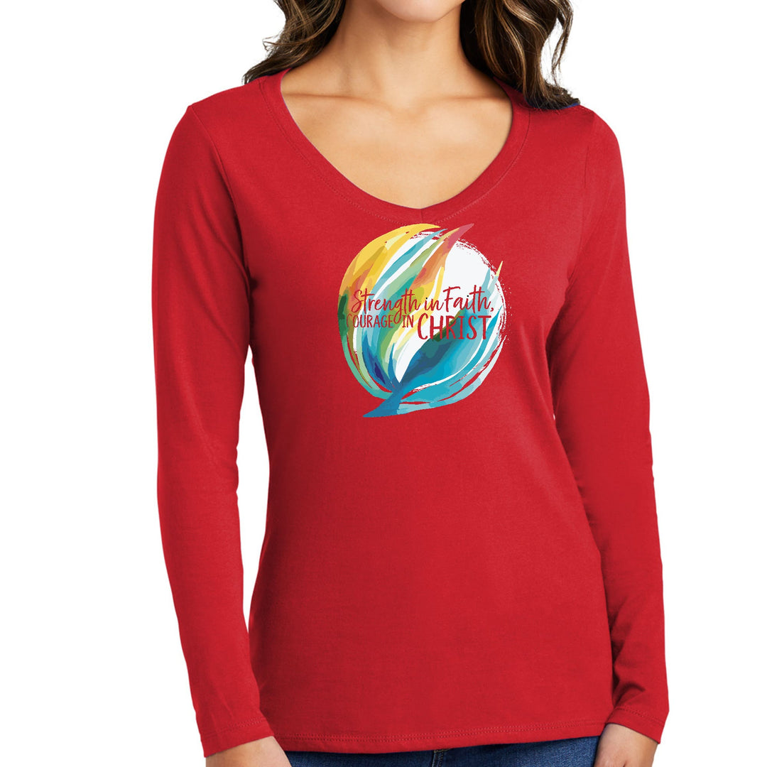 Womens Long Sleeve V-neck Graphic T-shirt - Strength in Faith - Courage