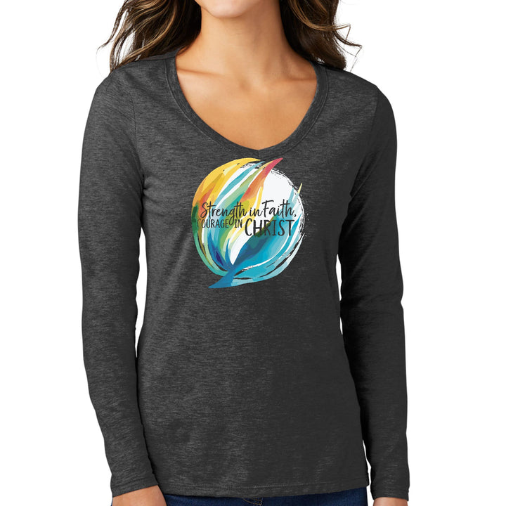 Womens Long Sleeve V-neck Graphic T-shirt - Strength in Faith - Courage