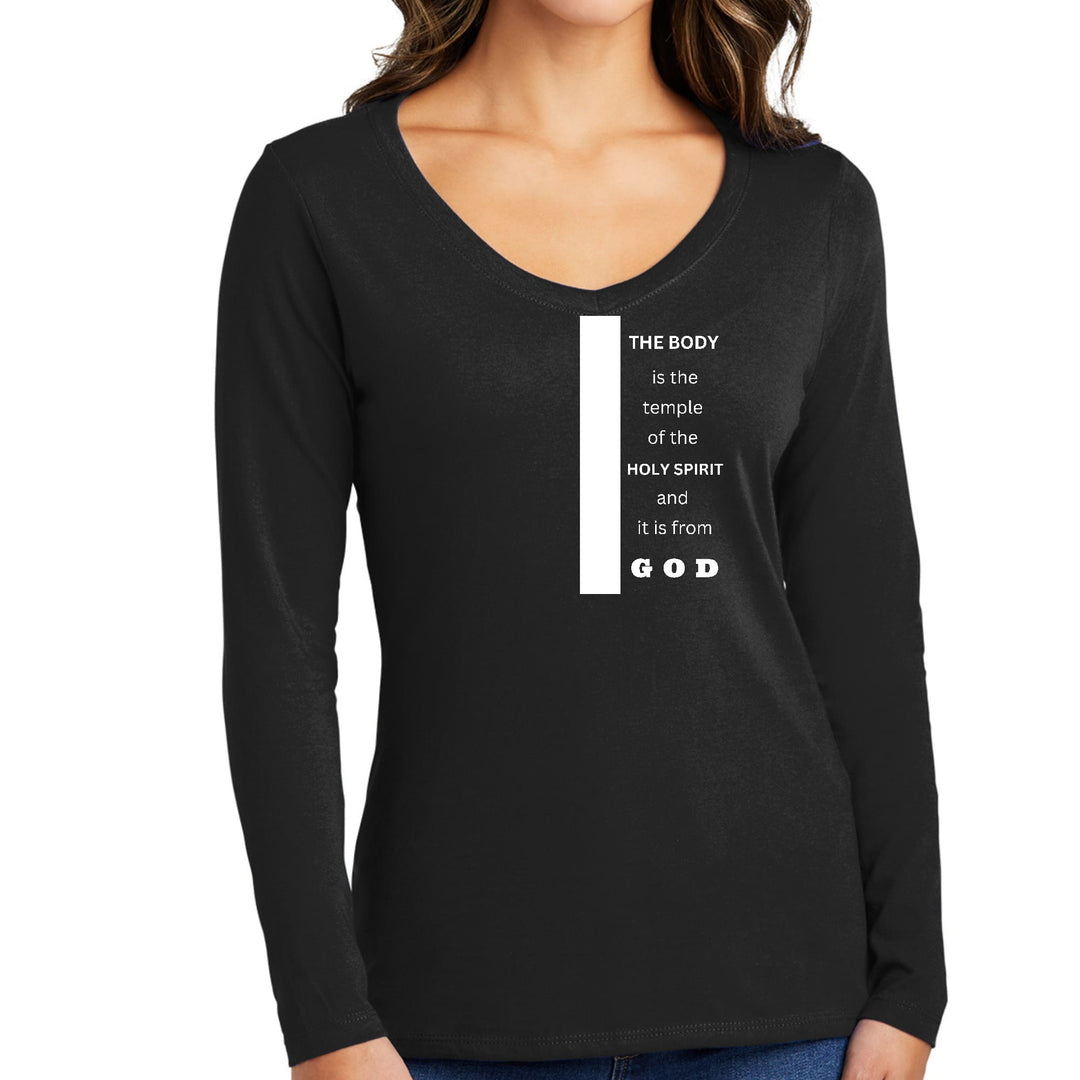 Womens Long Sleeve V-neck Graphic T-shirt the Body is the Temple - Womens