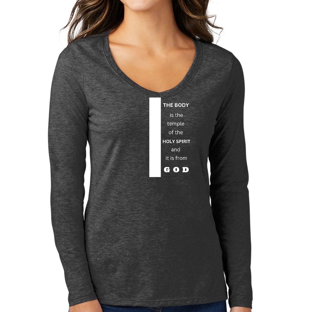 Womens Long Sleeve V-neck Graphic T-shirt - the Body is the Temple - Womens