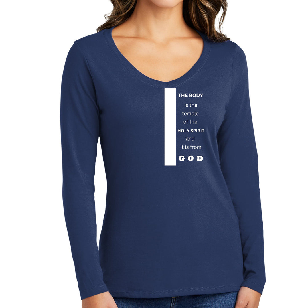 Womens Long Sleeve V-neck Graphic T-shirt - the Body is the Temple - Womens