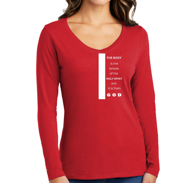 Womens Long Sleeve V-neck Graphic T-shirt - the Body is the Temple - Womens