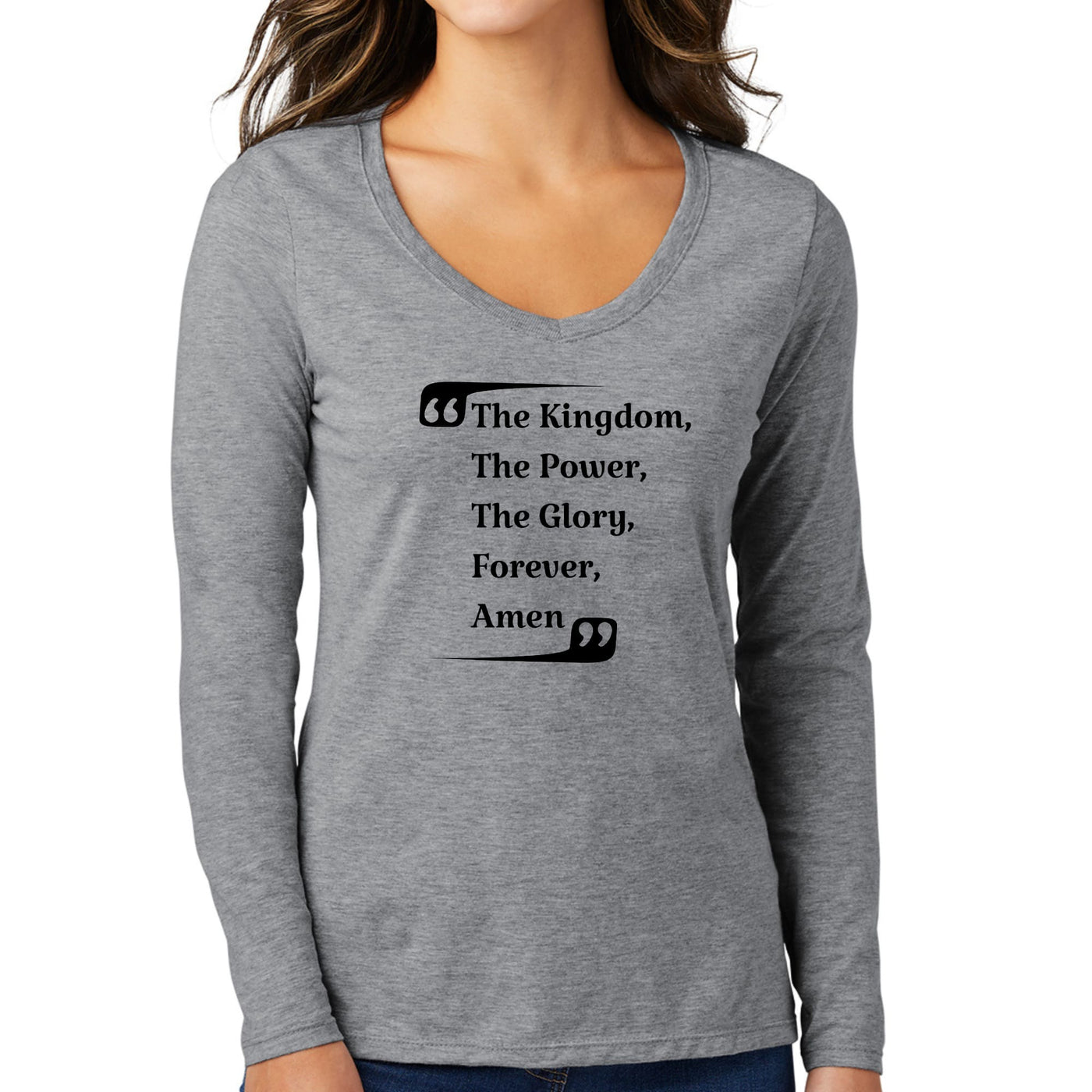 Womens Long Sleeve V - neck Graphic T - shirt The Kingdom The Power - Womens