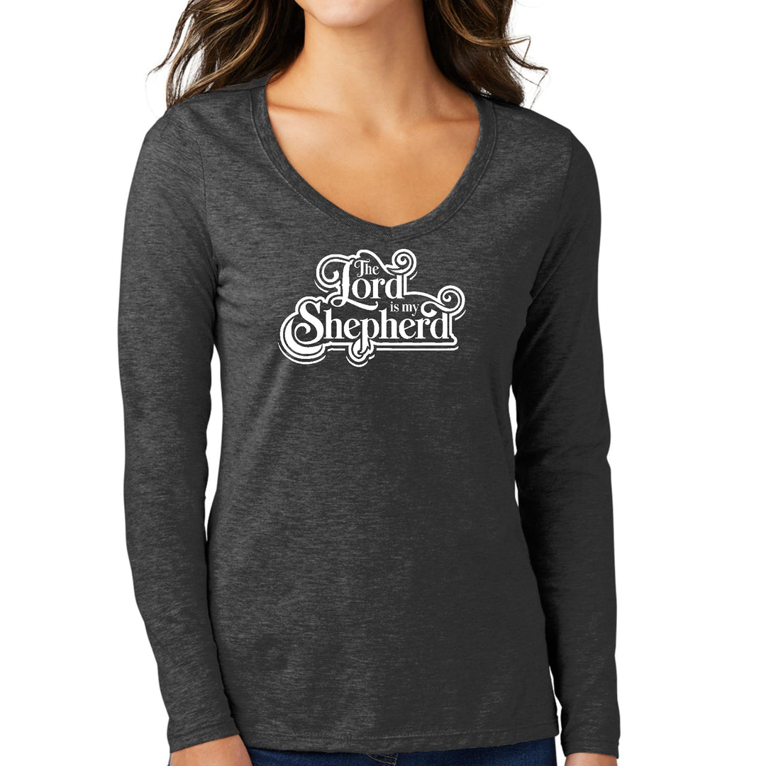 Womens Long Sleeve V-neck Graphic T-shirt - the Lord is my Shepherd - Womens