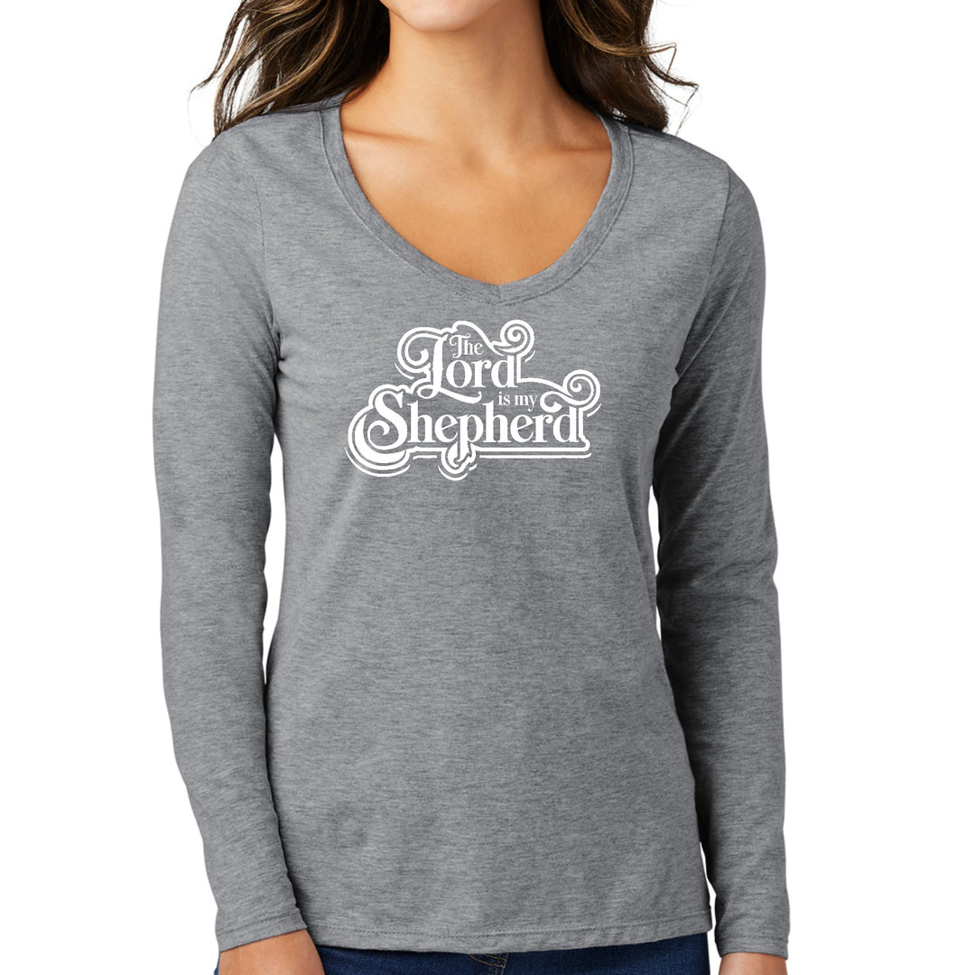 Womens Long Sleeve V-neck Graphic T-shirt - the Lord is my Shepherd - Womens