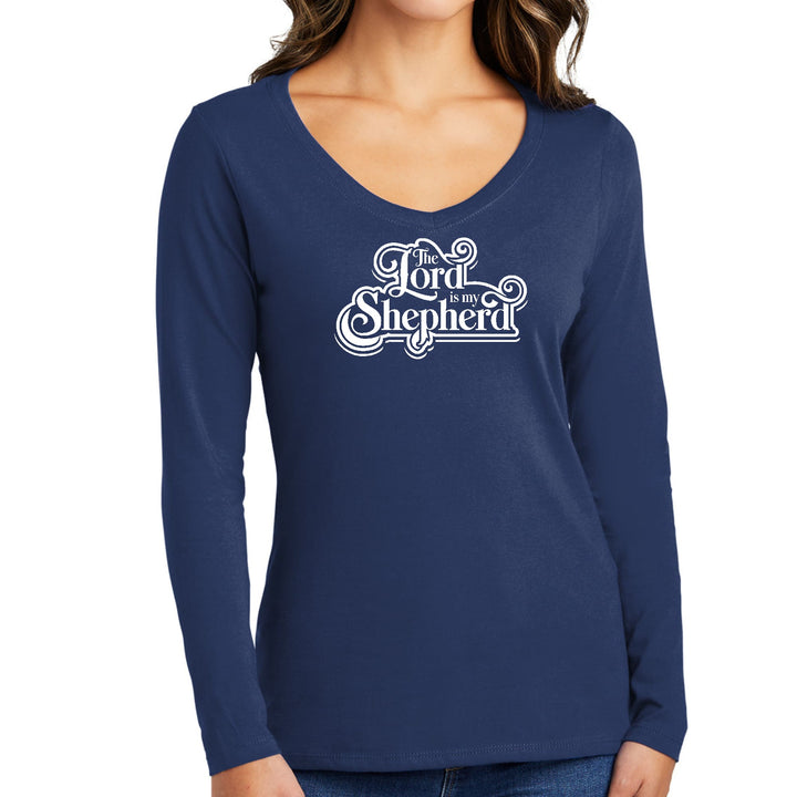 Womens Long Sleeve V-neck Graphic T-shirt - the Lord is my Shepherd - Womens