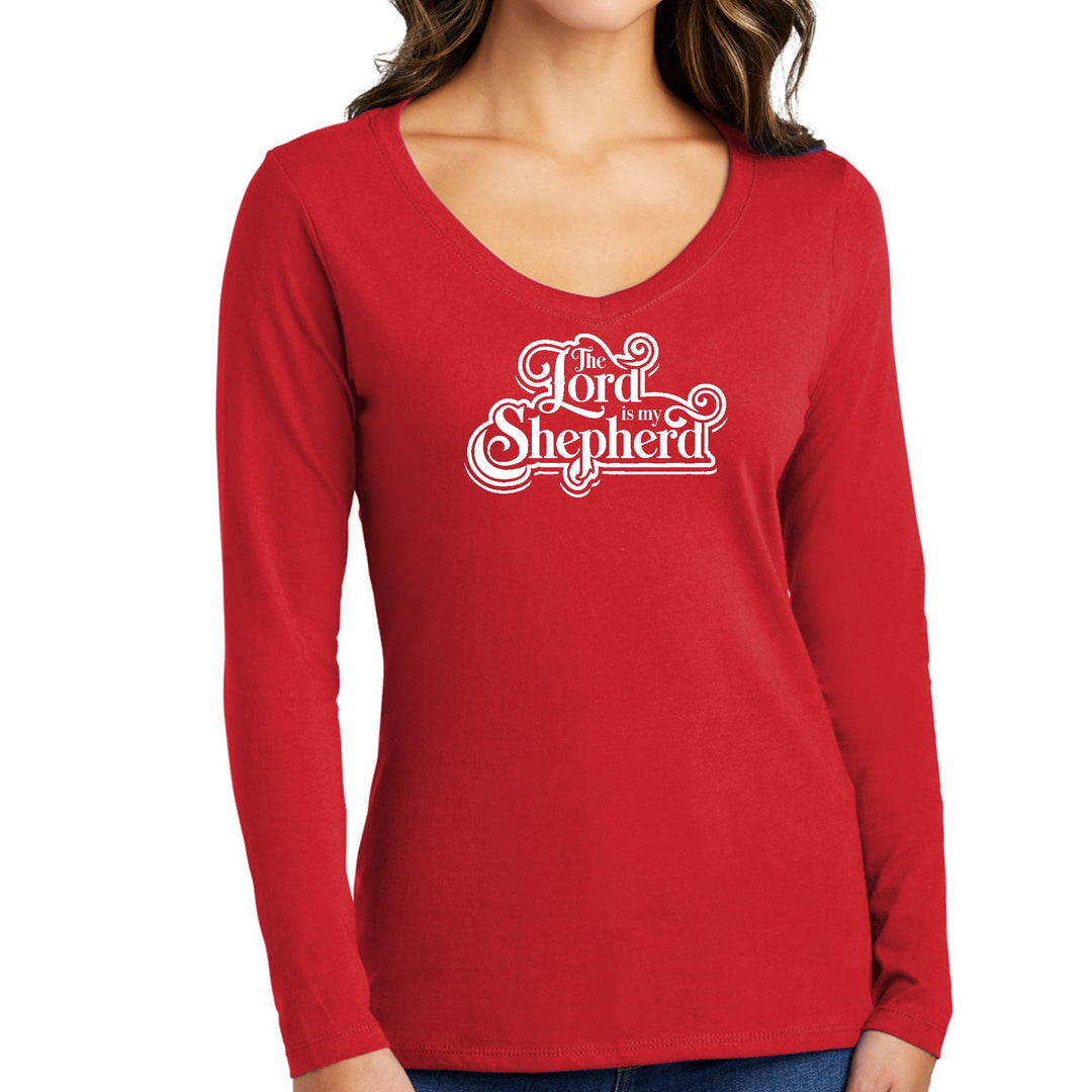 Womens Long Sleeve V-neck Graphic T-shirt - the Lord is my Shepherd - Womens