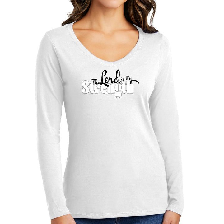 Womens Long Sleeve V-neck Graphic T-shirt The Lord Is My Strength - Womens