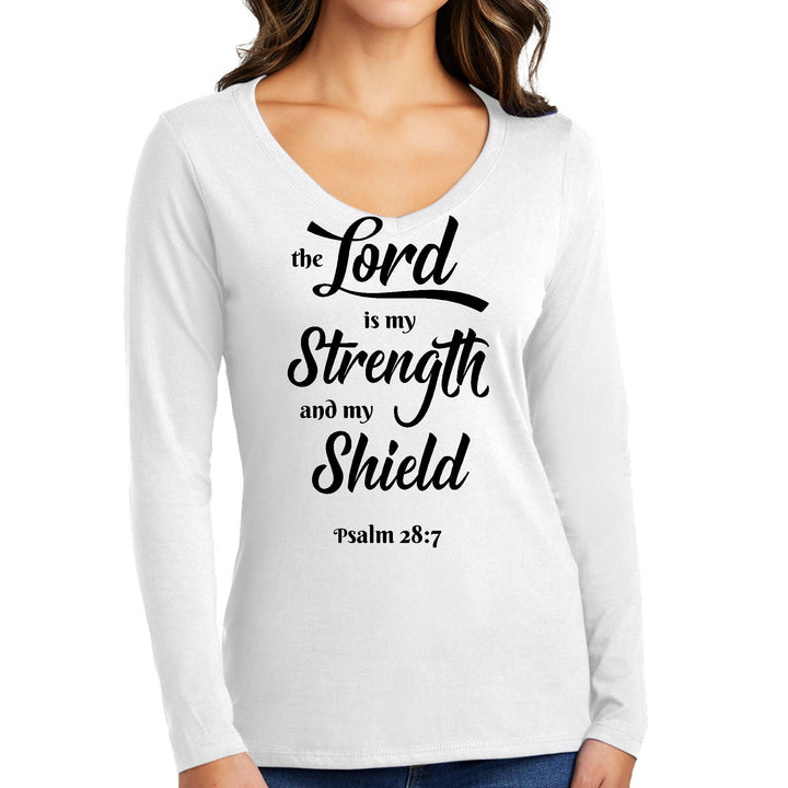 Womens Long Sleeve V-neck Graphic T-shirt the Lord is my Strength - Womens