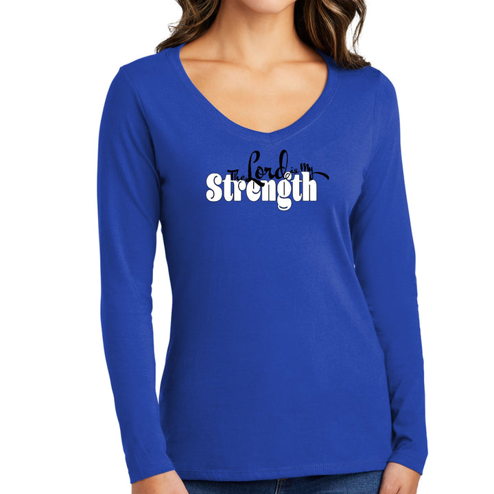 Womens Long Sleeve V-neck Graphic T-shirt - the Lord is my Strength - Womens