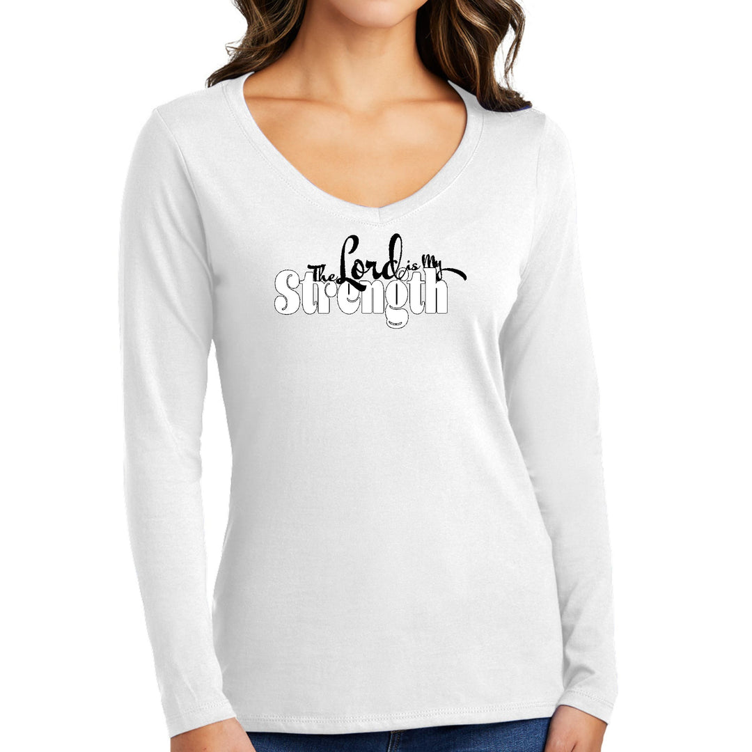 Womens Long Sleeve V-neck Graphic T-shirt - the Lord is my Strength - Womens