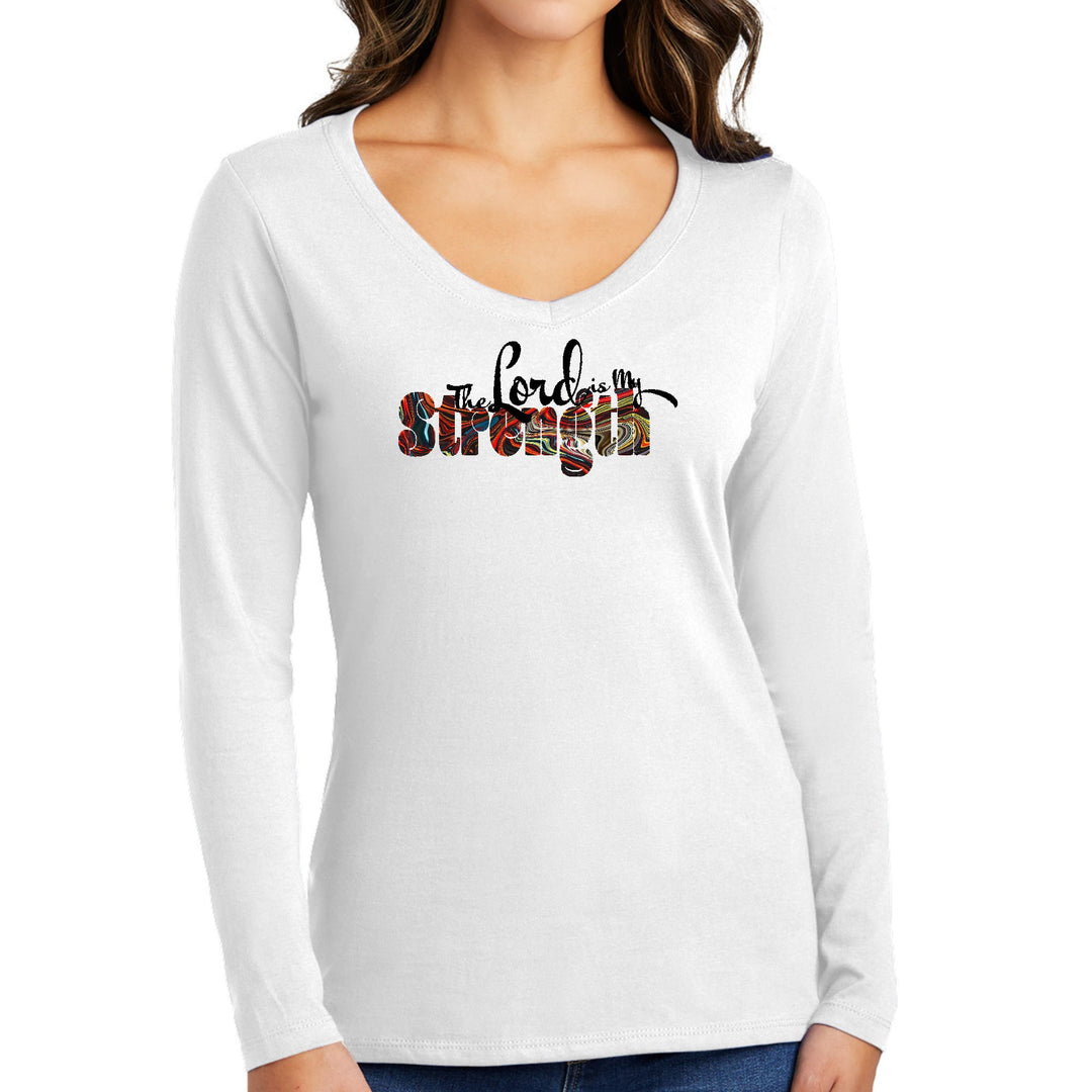 Womens Long Sleeve V-neck Graphic T-shirt - the Lord is my Strength - Womens