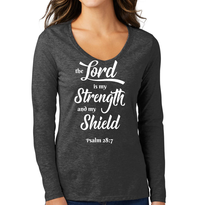 Womens Long Sleeve V-neck Graphic T-shirt The Lord Is My Strength - Womens