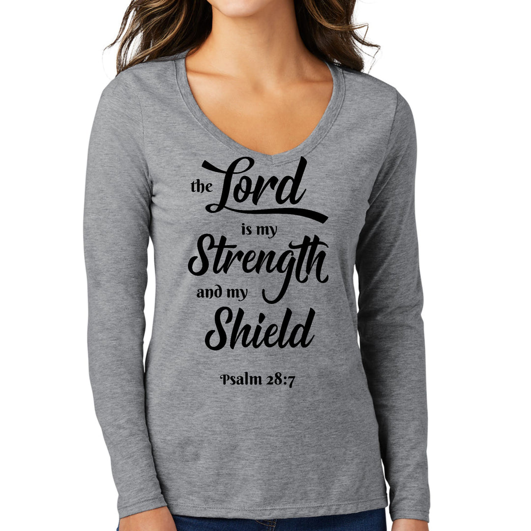 Womens Long Sleeve V-neck Graphic T-shirt the Lord is my Strength - Womens