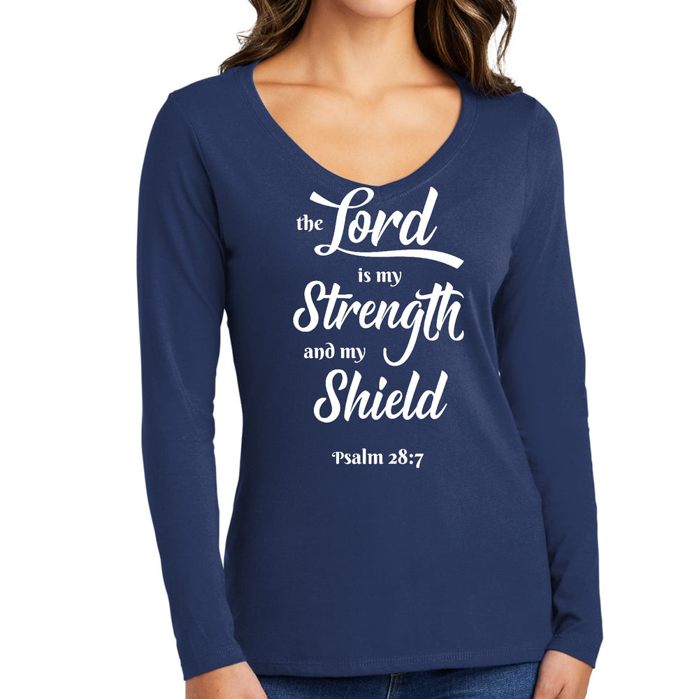 Womens Long Sleeve V-neck Graphic T-shirt The Lord Is My Strength - Womens