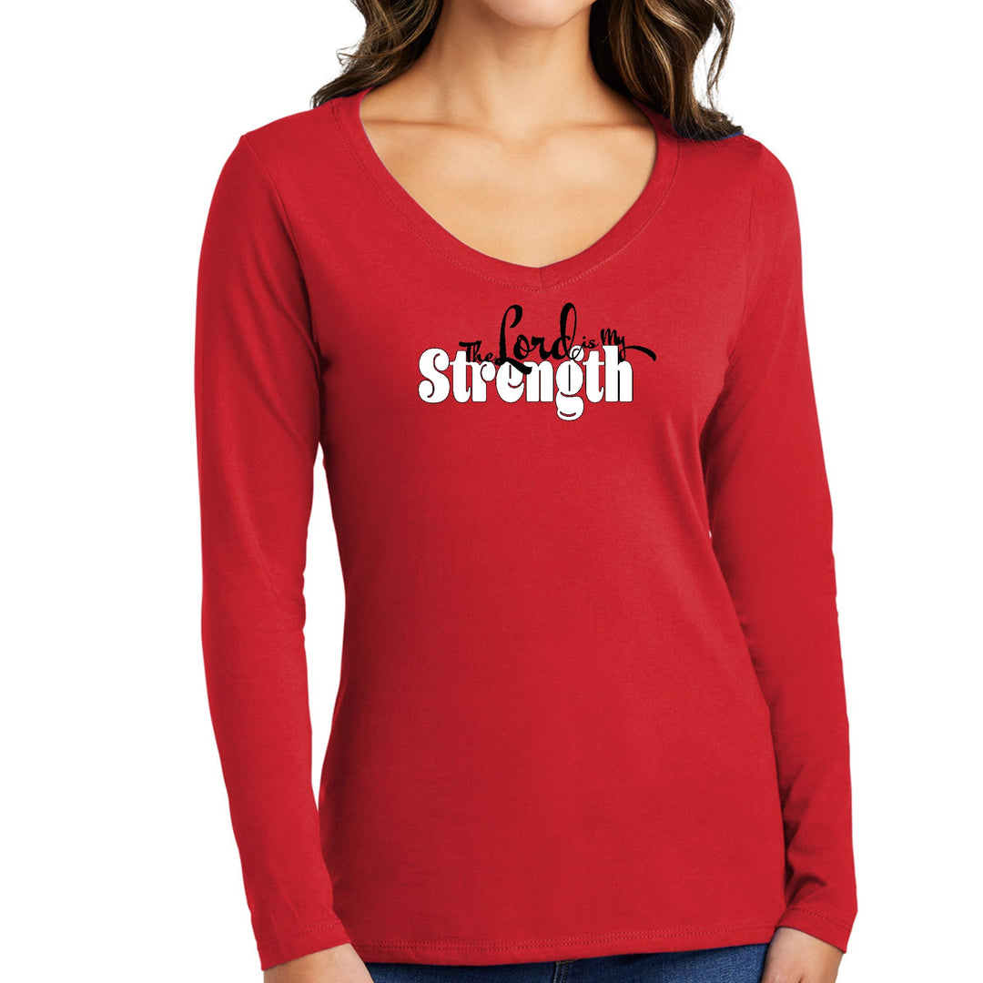 Womens Long Sleeve V-neck Graphic T-shirt - the Lord is my Strength - Womens