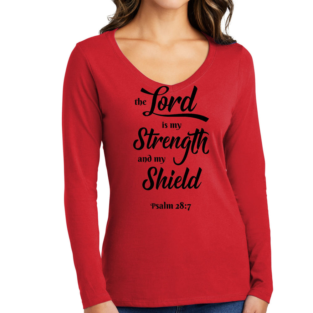 Womens Long Sleeve V-neck Graphic T-shirt the Lord is my Strength - Womens