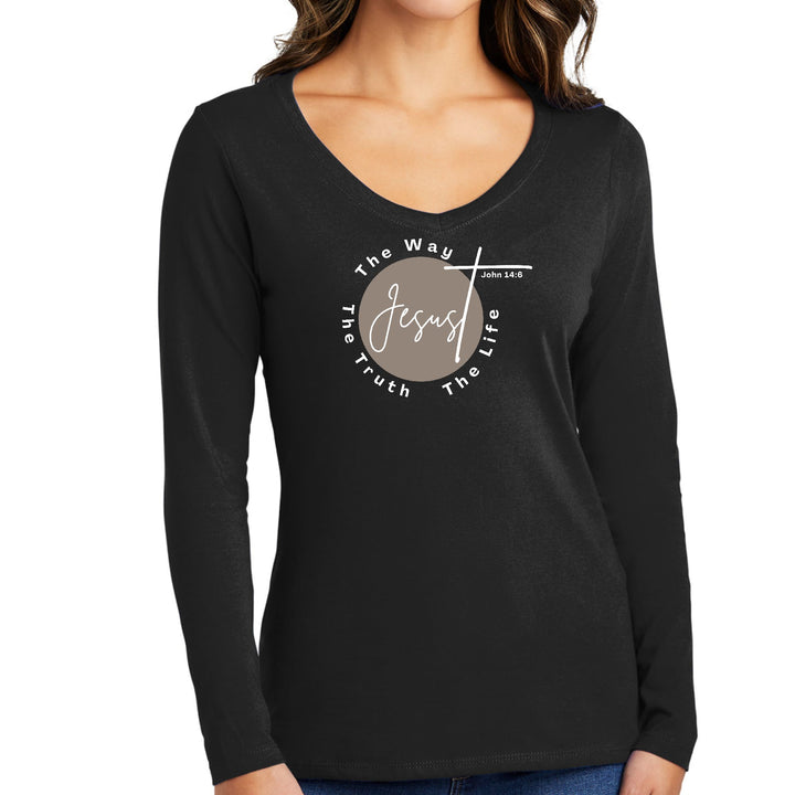 Womens Long Sleeve V-neck Graphic T-shirt - the Truth the Way the Life - Womens