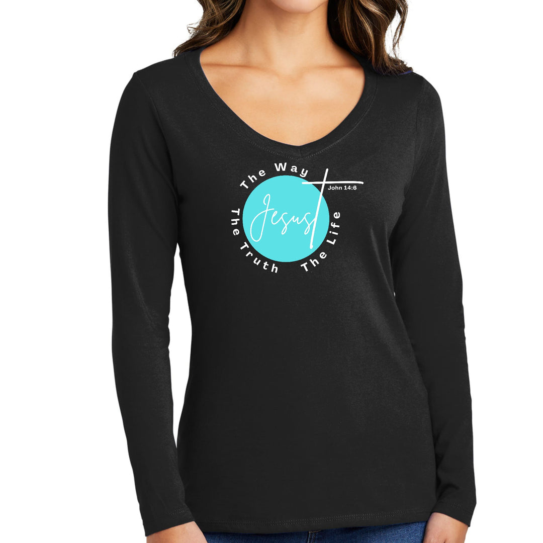 Womens Long Sleeve V-neck Graphic T-shirt the Truth the Way the Life - Womens