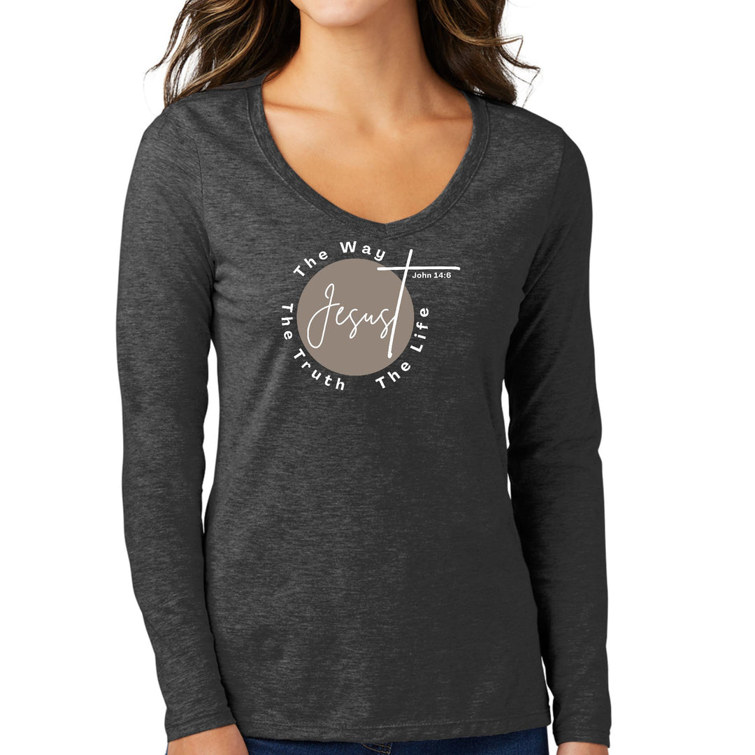 Womens Long Sleeve V-neck Graphic T-shirt - the Truth the Way the Life - Womens