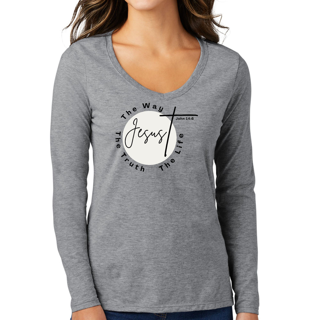 Womens Long Sleeve V-neck Graphic T-shirt The Truth The Way The Life - Womens