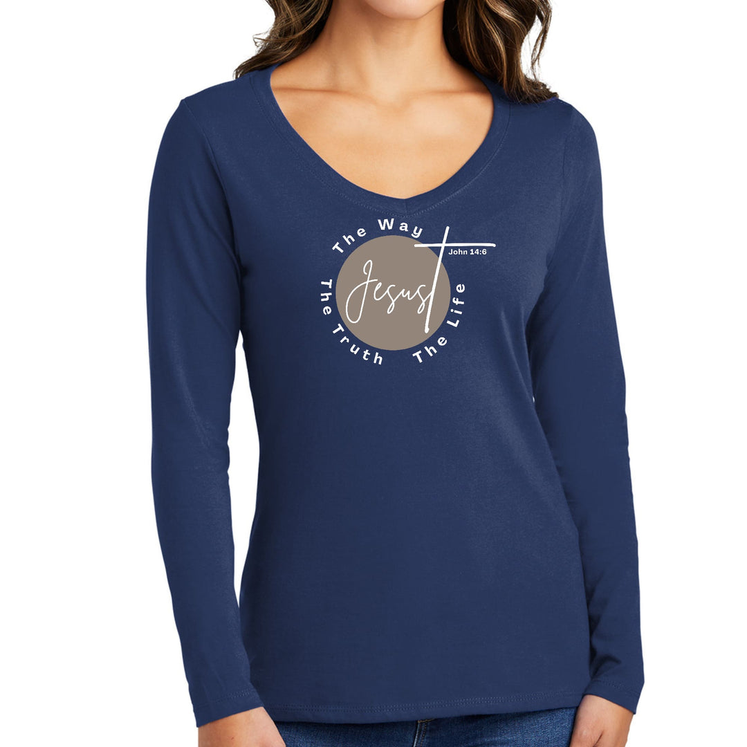 Womens Long Sleeve V-neck Graphic T-shirt - the Truth the Way the Life - Womens