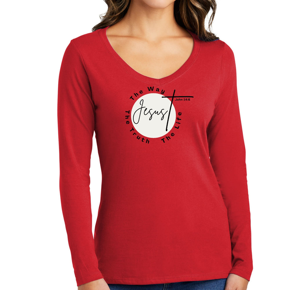 Womens Long Sleeve V-neck Graphic T-shirt The Truth The Way The Life - Womens