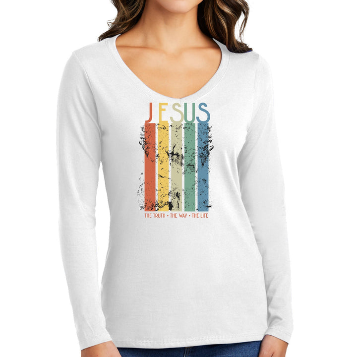 Womens Long Sleeve V-neck Graphic T-shirt - the Truth the Way the Life - Womens