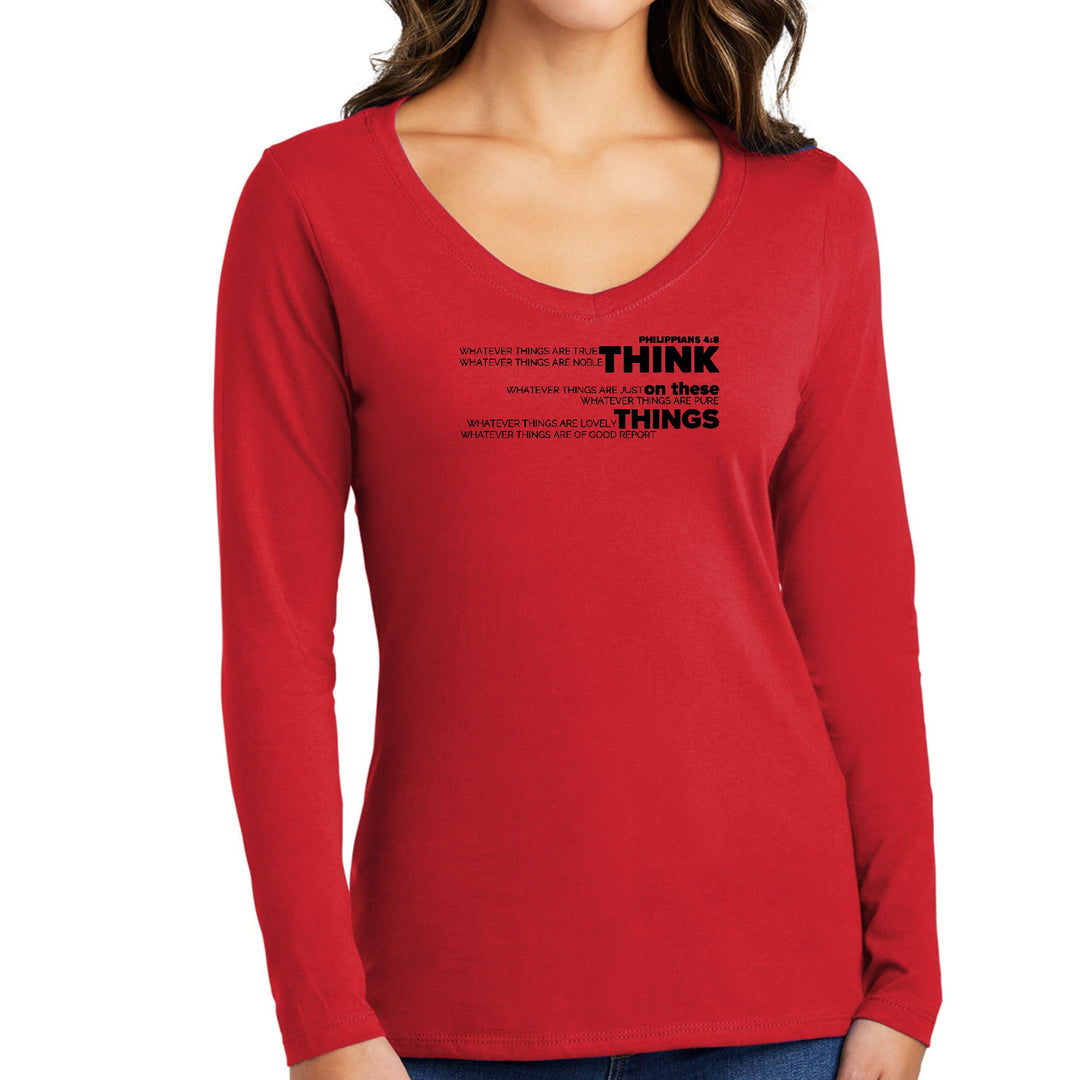 Womens Long Sleeve V-neck Graphic T-shirt - Think on these Things - Womens