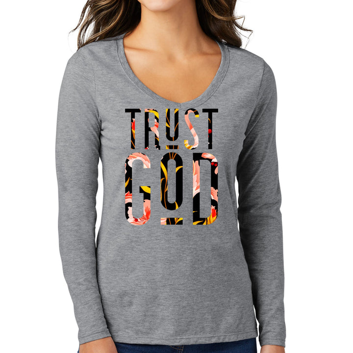 Womens Long Sleeve V-neck Graphic T-shirt Trust God Floral Print - Womens