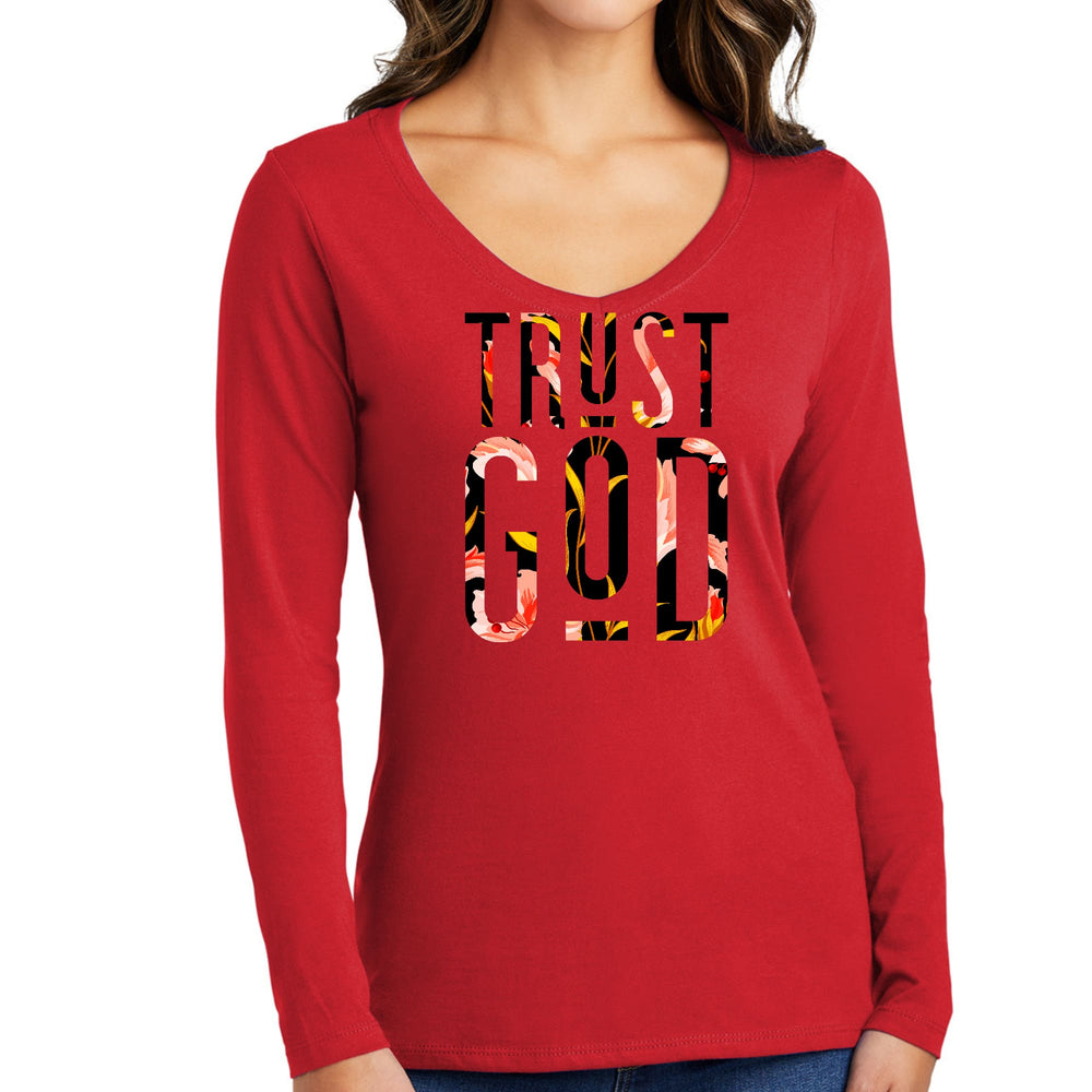 Womens Long Sleeve V-neck Graphic T-shirt Trust God Floral Print - Womens