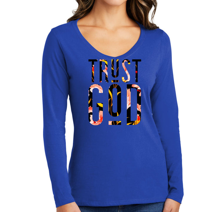 Womens Long Sleeve V-neck Graphic T-shirt Trust God Floral Print - Womens