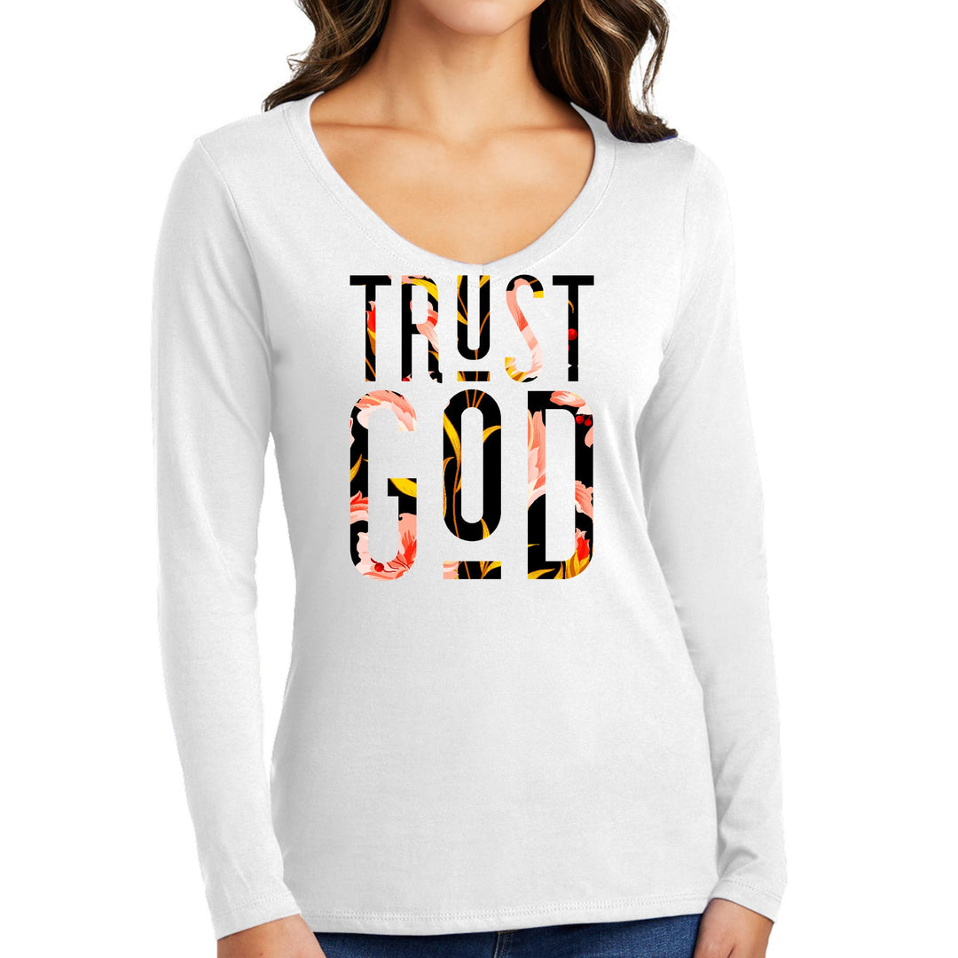 Womens Long Sleeve V-neck Graphic T-shirt Trust God Floral Print - Womens