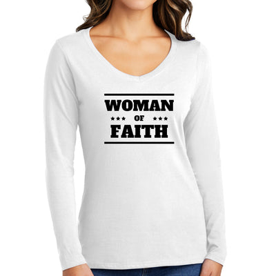 Womens Long Sleeve V - neck Graphic T - shirt Woman Of Faith Black - Womens | T