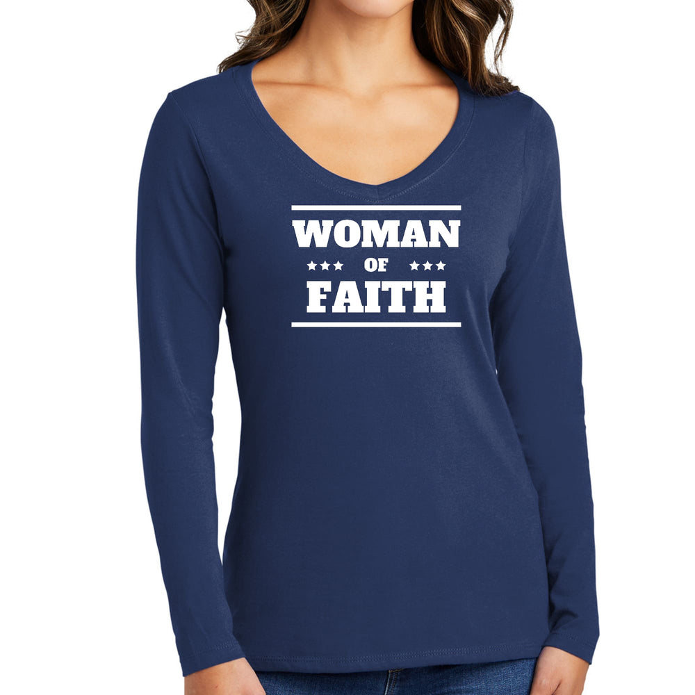 Womens Long Sleeve V-neck Graphic T-shirt Woman Of Faith - Womens | T-Shirts
