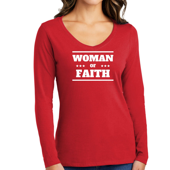 Womens Long Sleeve V-neck Graphic T-shirt Woman Of Faith - Womens | T-Shirts