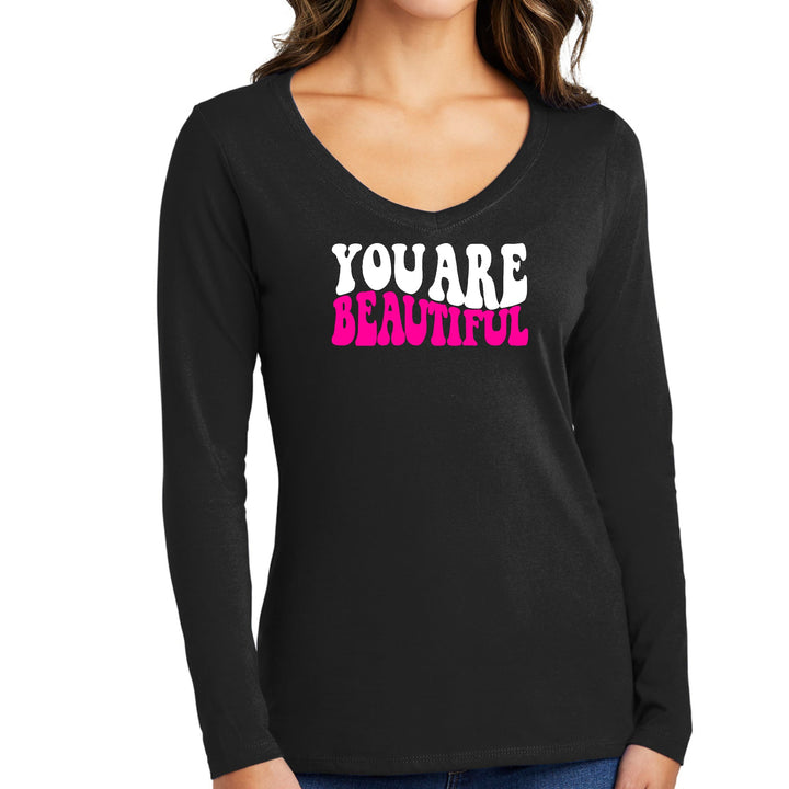 Womens Long Sleeve V-neck Graphic T-shirt you are Beautiful Pink - Womens