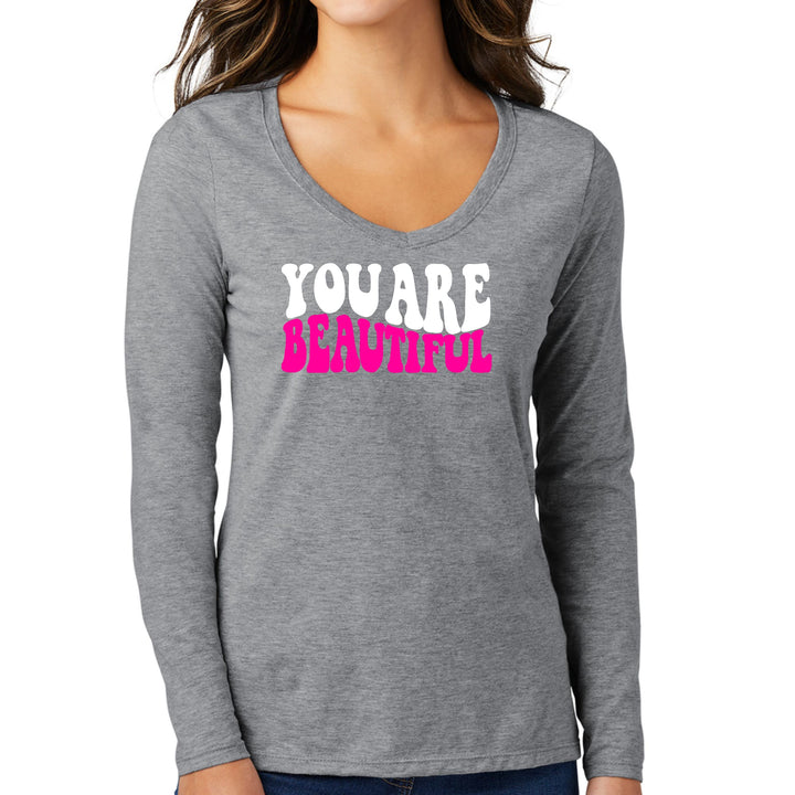 Womens Long Sleeve V-neck Graphic T-shirt you are Beautiful Pink - Womens