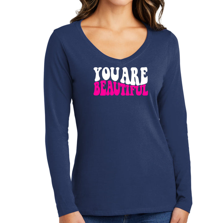 Womens Long Sleeve V-neck Graphic T-shirt you are Beautiful Pink - Womens