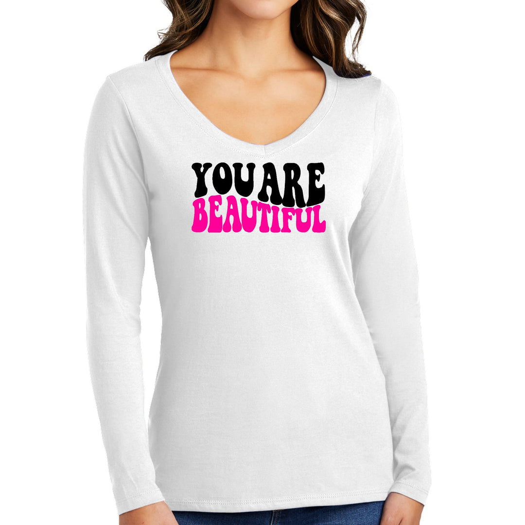 Womens Long Sleeve V-neck Graphic T-shirt You Are Beautiful Print - Womens