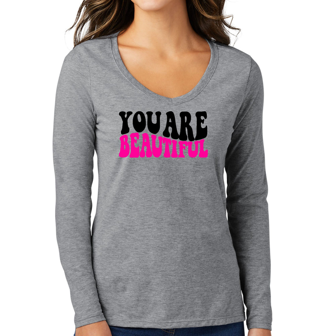 Womens Long Sleeve V-neck Graphic T-shirt You Are Beautiful Print - Womens