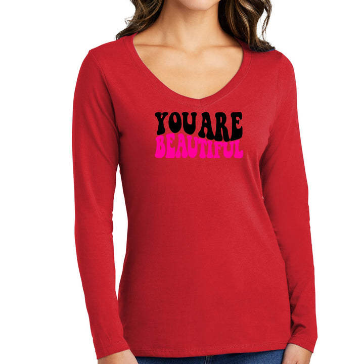 Womens Long Sleeve V-neck Graphic T-shirt You Are Beautiful Print - Womens