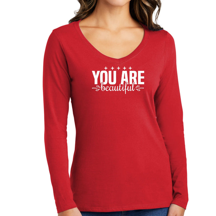 Womens Long Sleeve V-neck Graphic T-shirt - you are Beautiful - Womens