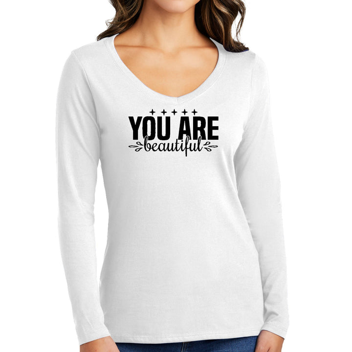 Womens Long Sleeve V-neck Graphic T-shirt you are Beautiful - Womens | T-Shirts