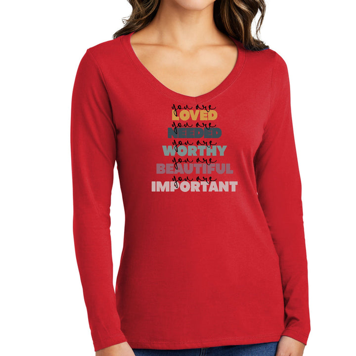 Womens Long Sleeve V-neck Graphic T-shirt - you are Loved Inspiration - Womens